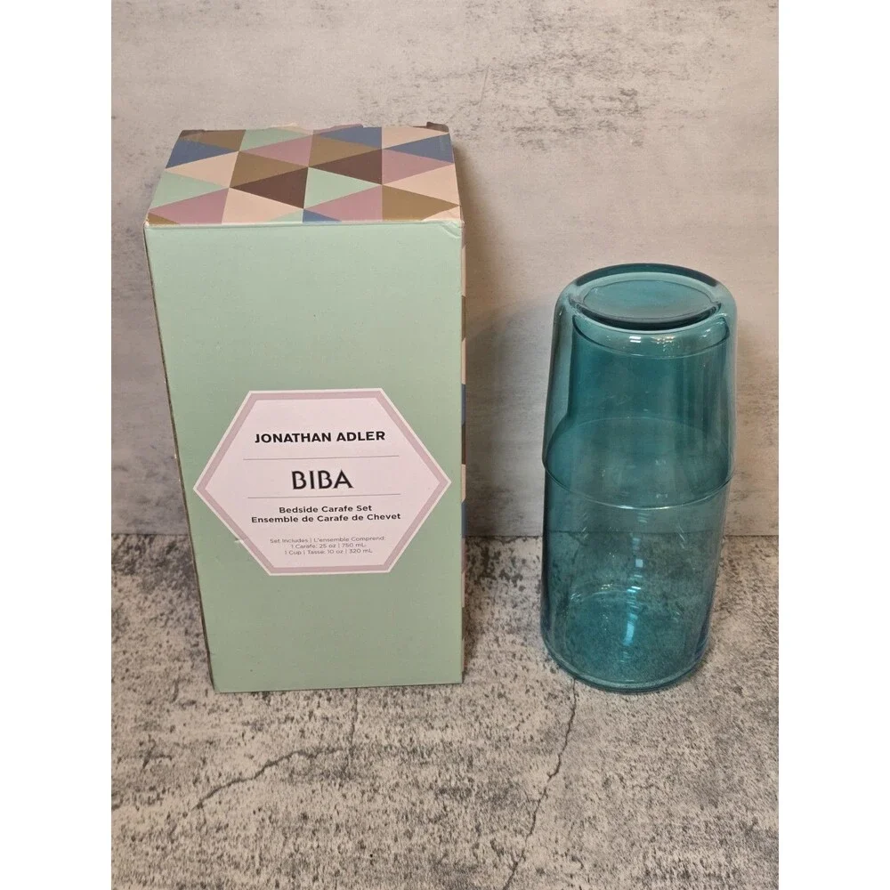 Jonathan Adler Bedside Carafe Set Blue Glass Kitchen Dishware Dish New In Box